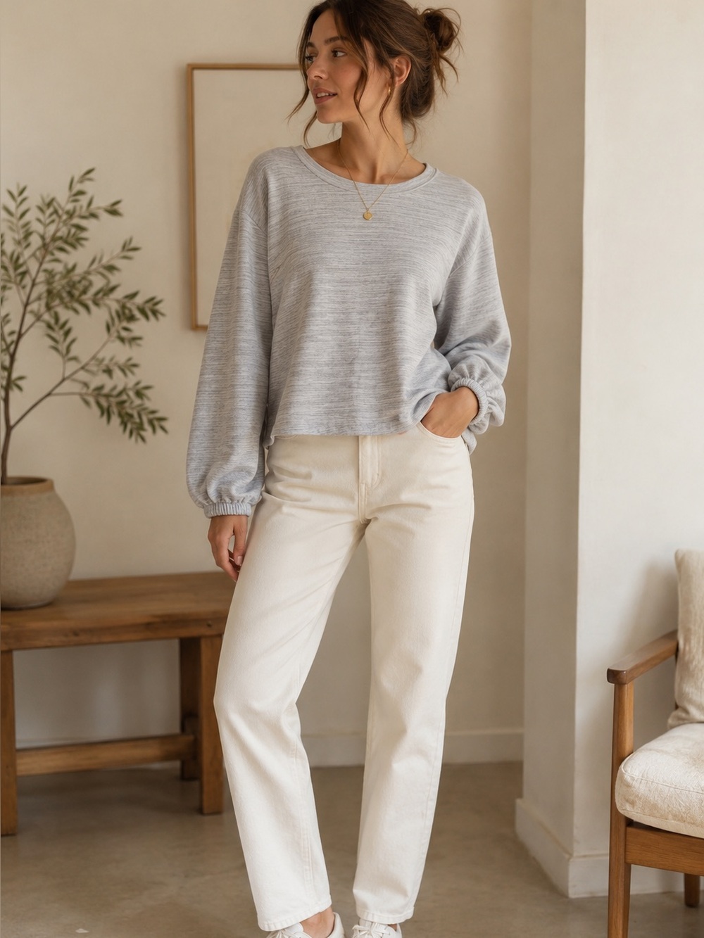 LILLA P Gray Heather Cotton Blend Scandi Minimalist Balloon Sleeve Top Size L